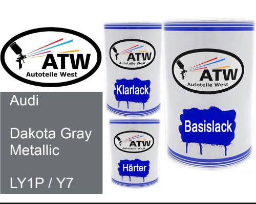 Audi, Dakota Gray Metallic, LY1P / Y7: 500ml Lackdose + 500ml Klarlack + 250ml Härter - Set, von ATW Autoteile West.